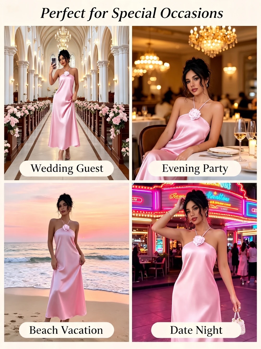 Damen 3D-Blumen Neckholder Rückenfreies Satin-Maxikleid Elegantes Rosa Slip-Kleid Langes Kleid für Hochzeitsgäste Abendparty Urlaub Midi-Kleid – Detail 6