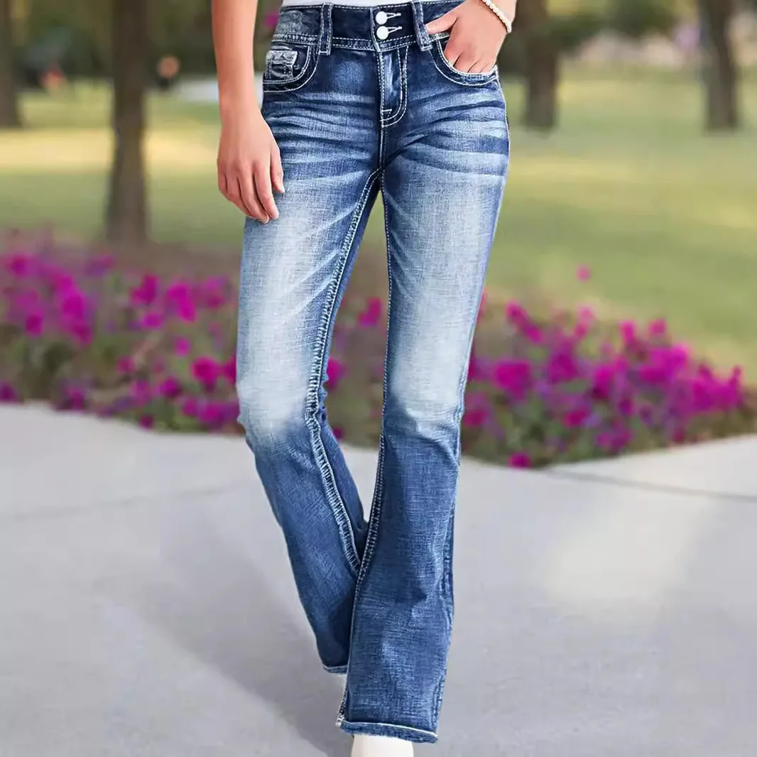 

High Waist Slim Stretch Jeans, Retro Embroidered Blue Denim Jeans, Micro Flare Bootcut Jeans, Comfy Elastic Waist Flare Pants