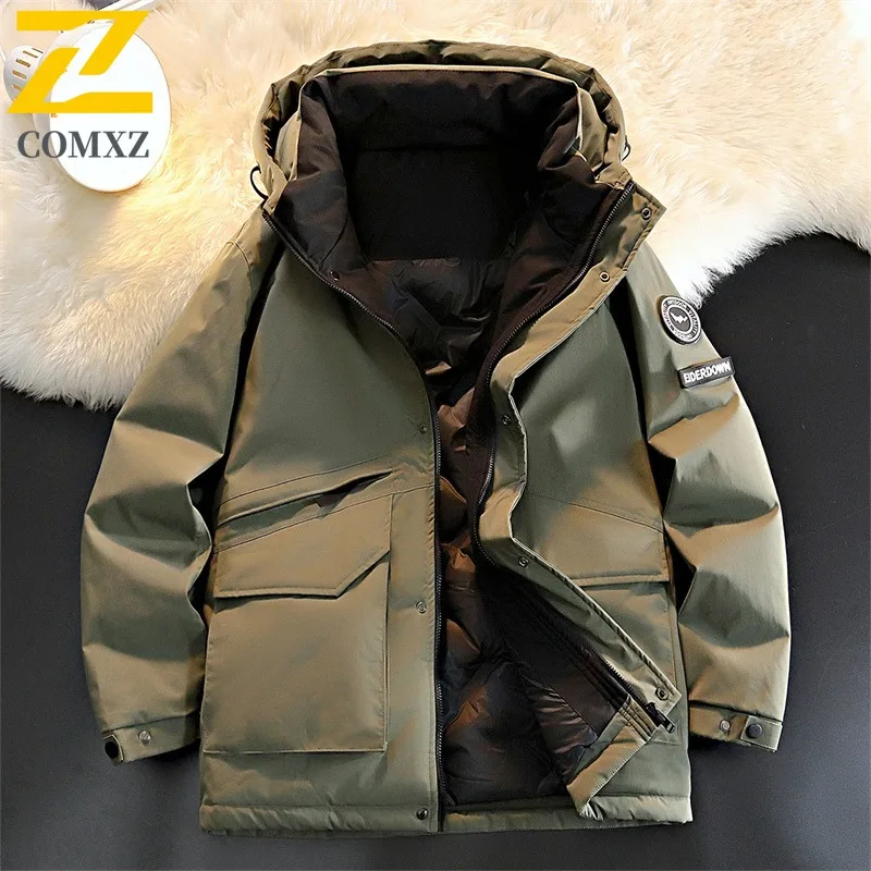 COMXZ Hochwertige Herren-Daunenjacke, Premium-Kapuze, Outdoor-Reiten, winddicht, Puffer-Coa, trendige Streetwear, warmer Komfort-Wintermantel