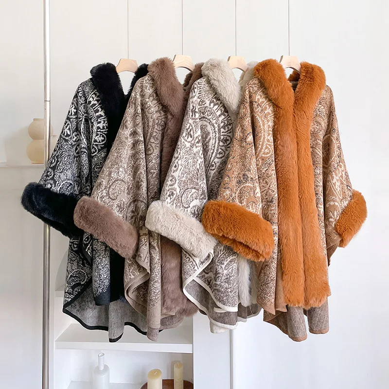 شتاء جديد بيزلي الجاكار المعطف شال المرأة الدافئة هامش تقليم البلوز كيب مقنعين حجم كبير ملابس خارجية غير رسمية #4