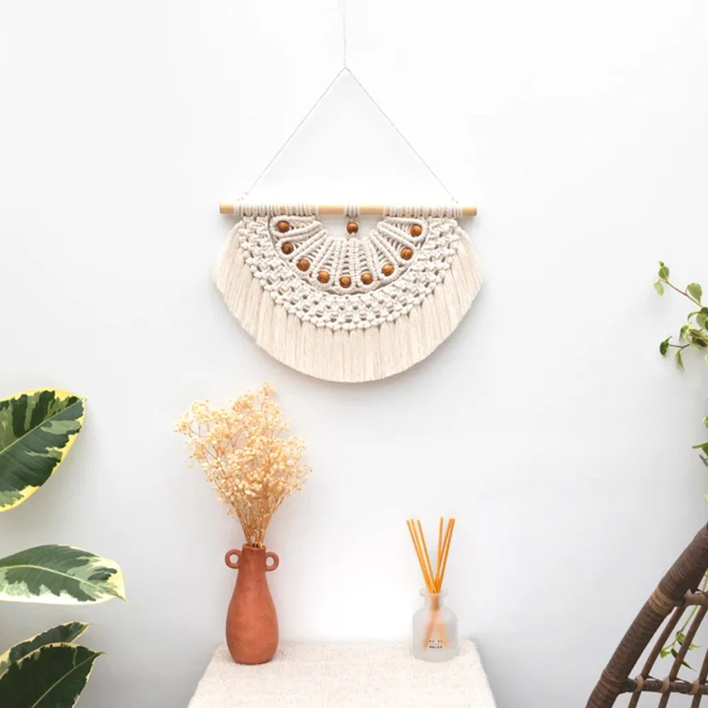 Nordic Style Macrame Wall Hanging Half Moon Tapestry Hand Woven Cotton Rope Tassel Wall Art Home Room Decor