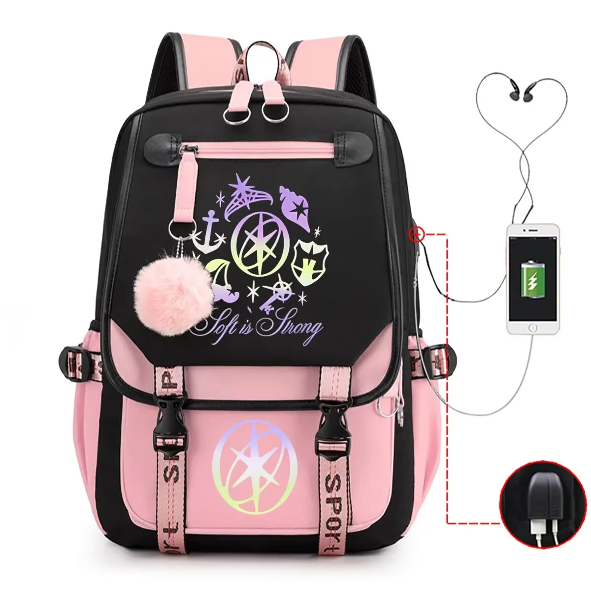 Color Block Girls Backpack Gradient Symbol Print Pom Pom Decor Multi Pocket Water Resistant Student School Travel Rucksack Bags