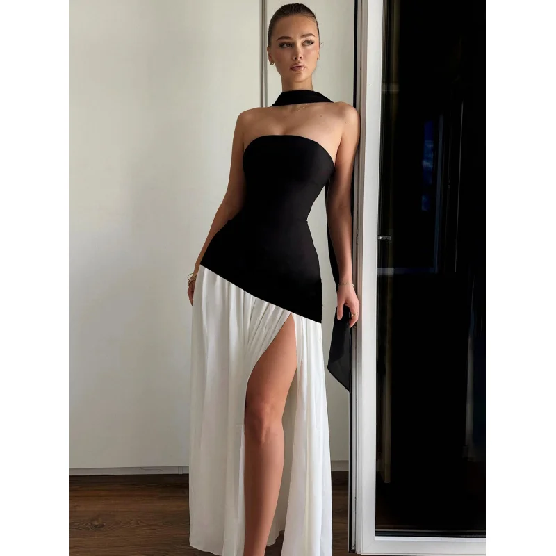 

New Fashion Women's Dress, Elegant and Stylish, Strapless, Slim Fit, Solid Color, Split Back, Graceful Flowing Dress with Dress
