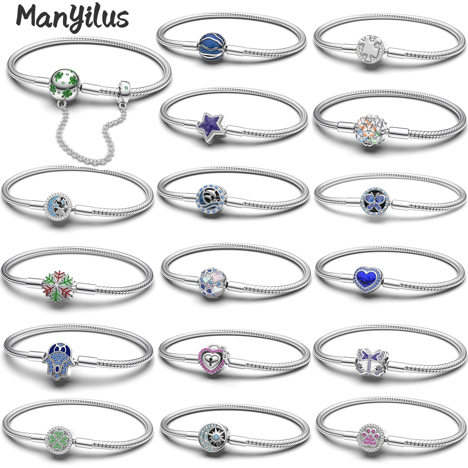 Manyilus 925 Sterling Silver Snake Chain Bracelet Series Multi-Style Round Clasp Bracelet Fit Original Charms Women Jewelry Gift