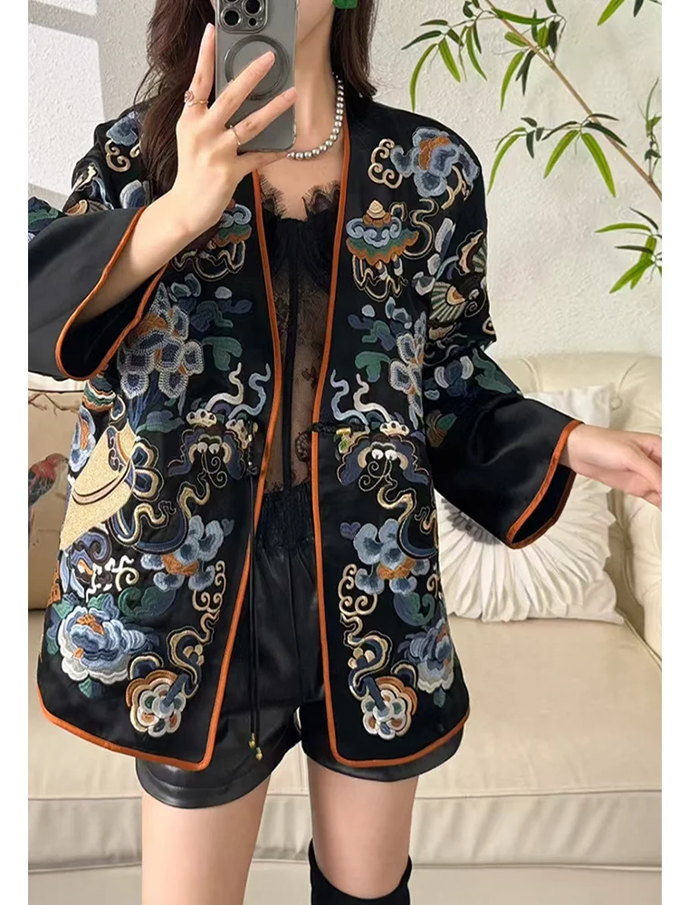 Spring New Acetate Fabric Handmade Tassel Buttons Exclusive Design Treasure Bottle + Peony Embroidery Women's Coat S-L