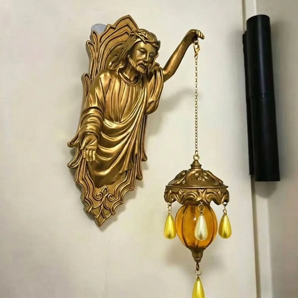 Vintage Religious Figure Led Wall Lamp Church Style Crystal Pendant Jesus Mary Wall Sconce Soft Light Resin