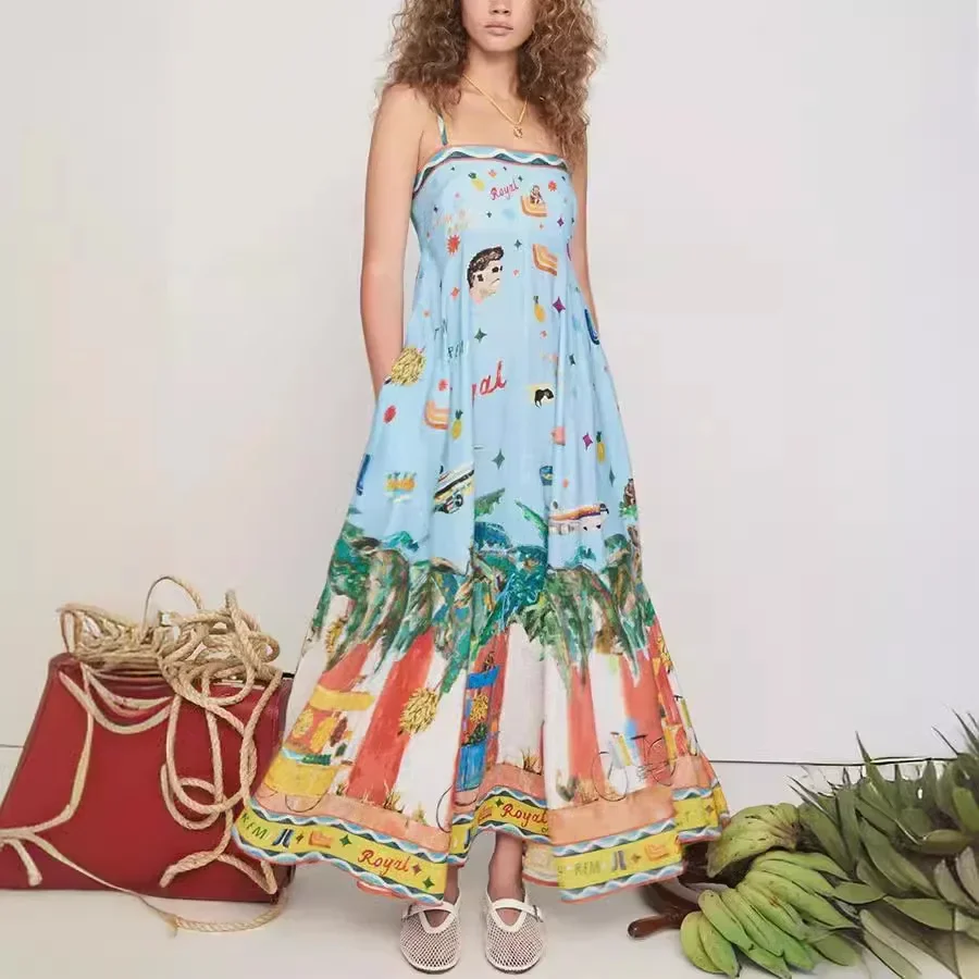 Vestido largo informal con tirantes para mujer, traje Midi sin mangas con estampado, Espalda descubierta, elegante, con dobladillo grande, a la moda, para fiesta y vacaciones