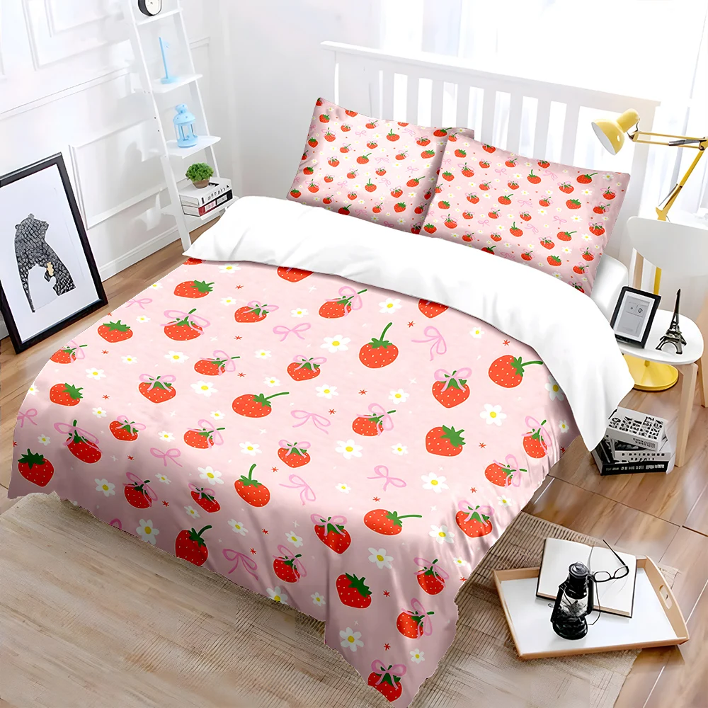Strawberry and pink bow Pattern Duvet Cover Set Digital Print Colorful Polyester Bedding with Zipper Closur for kids gifts