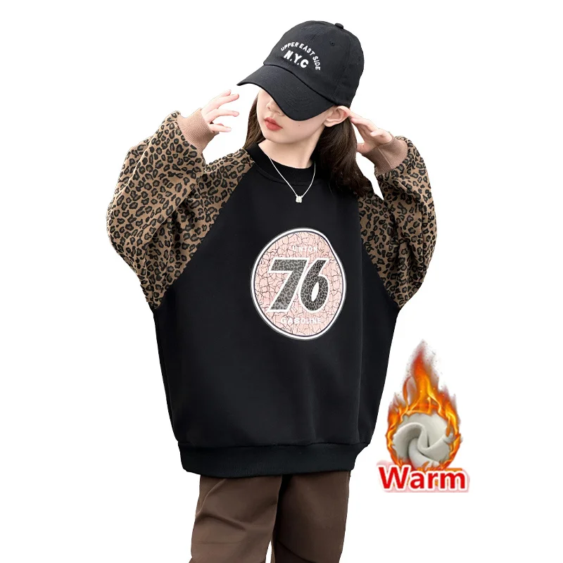 

Korean Style Child Winter Thicked Leopard Print Sweatshirt For Girls Fashion Thermal Streetwear Kids Warm Fleece-Lined Outerwear