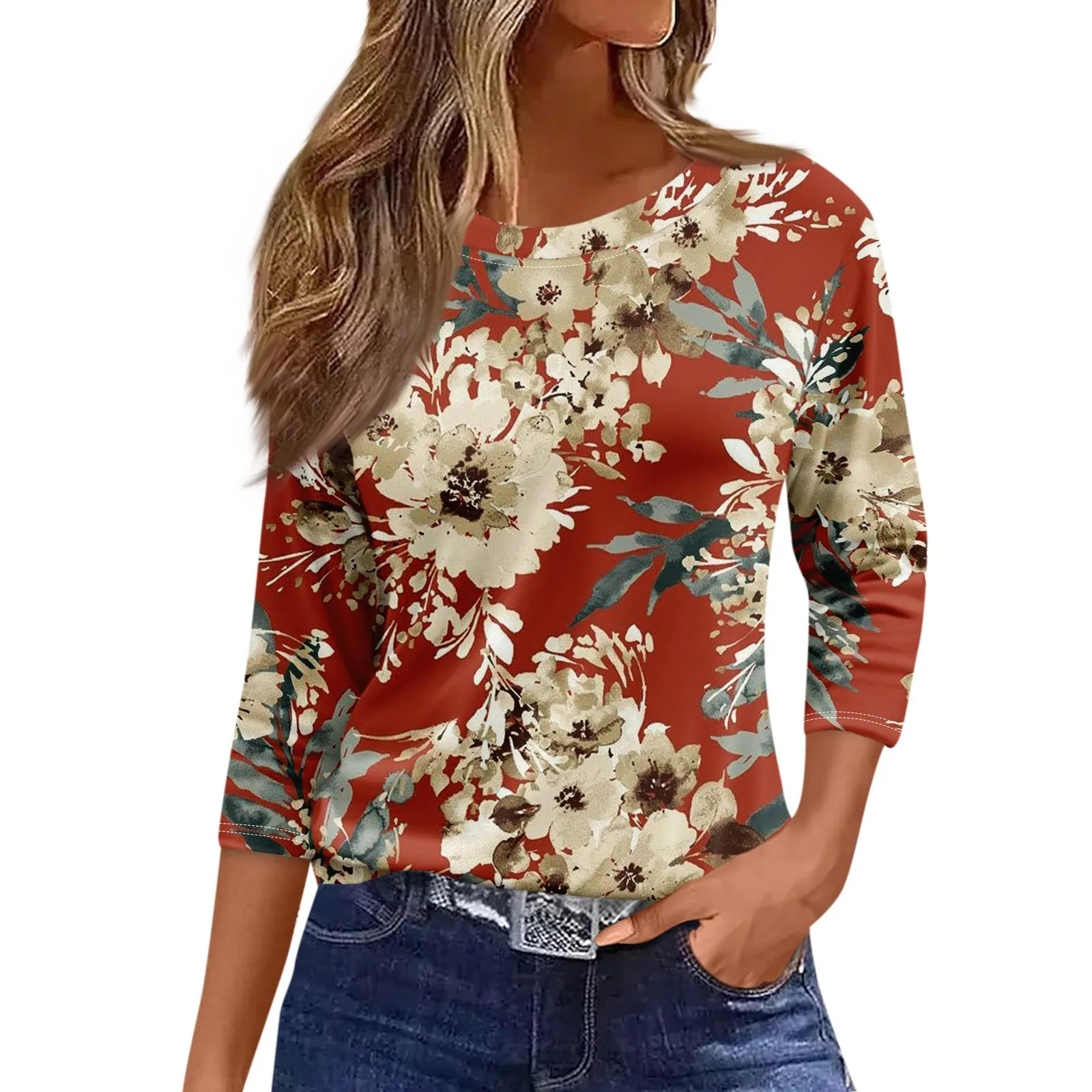 เสื้อยืดแขนสั้น 2025 ผู้หญิงแฟชั่นสบายๆรอบคอยาวแขนยาวหลวมพิมพ์เสื้อยืดสุภาพสตรี Tops เสื้อผ้าผู้หญิง