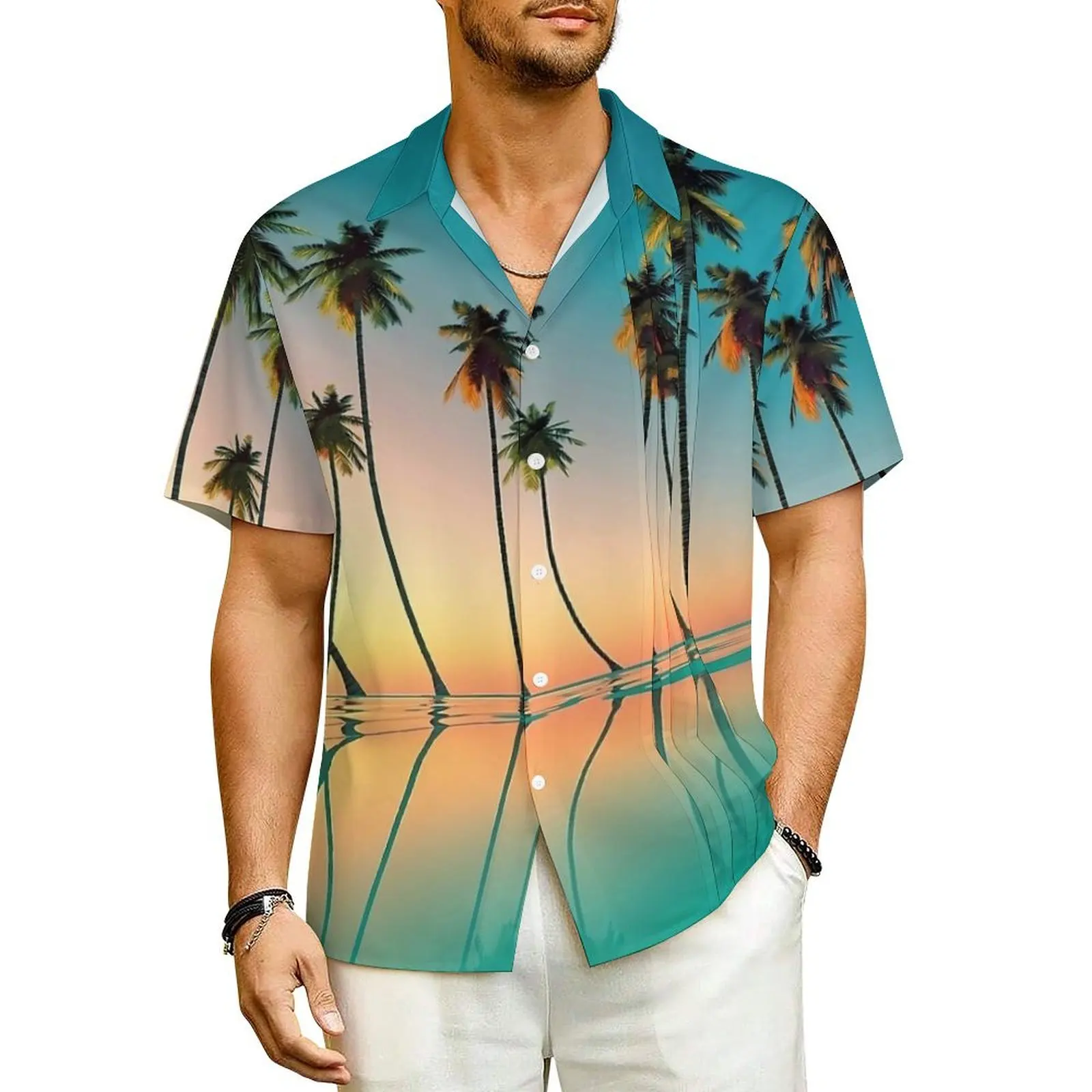 

Summer Shirt Beach Tropical Sunset Palm Trees Print Blouses Elegant Casual Shirts Male Short-Sleeved Y2K Funny Oversized Top