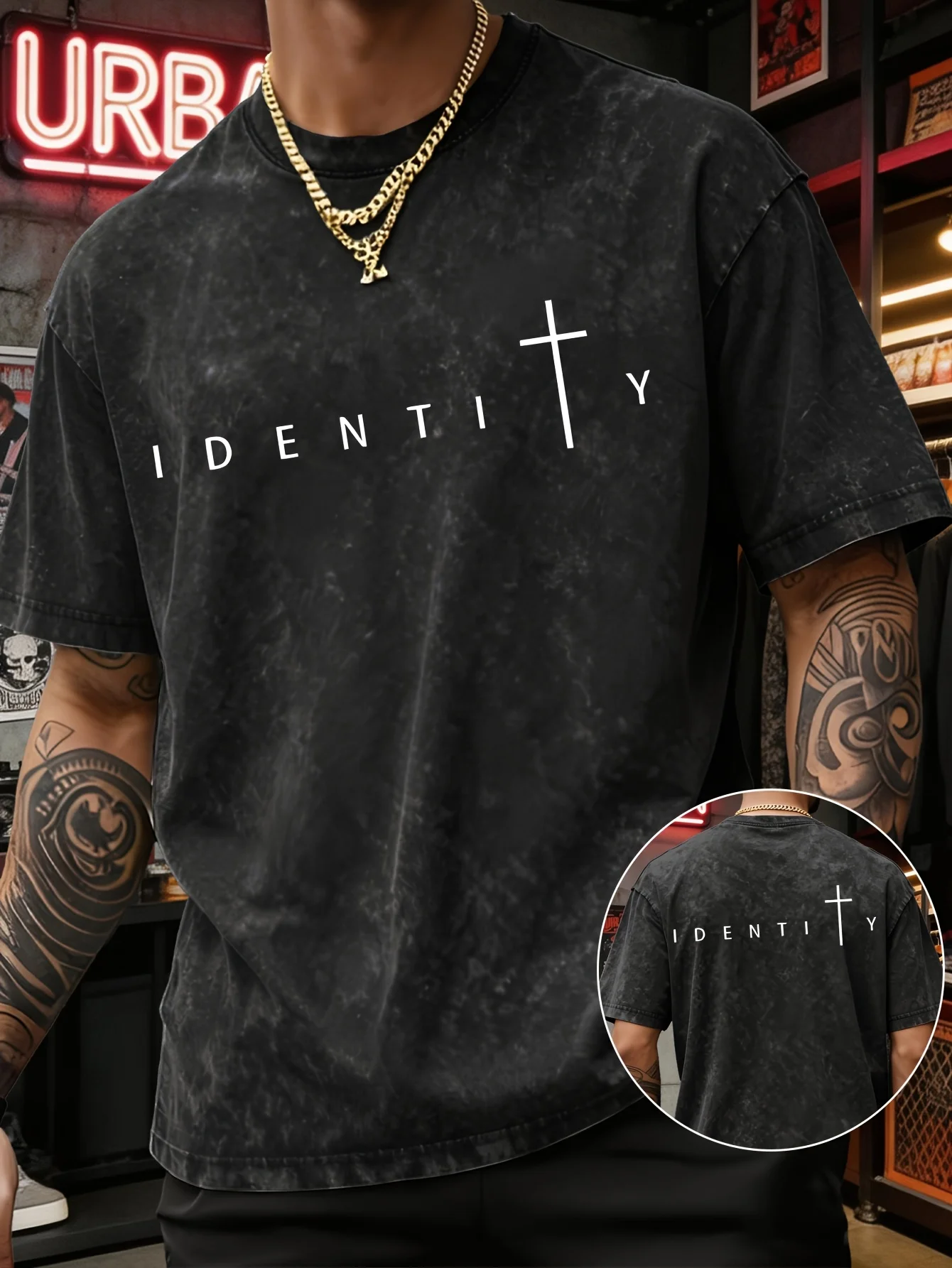 Men's Heavyweight T-shirt Cross Identity Letter Print Vintage Acid Wash Cotton High Street Hip Hop Loose Minimal Urban S-3XL