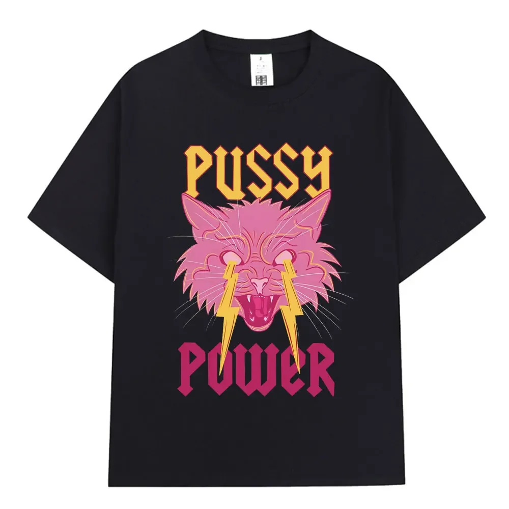 

Pussy Power Funny Cat Expression Pack Print T-shirt Fashion Retro Harajuku T-shirt Men's 100% Cotton Oversized Short Sleeve Top
