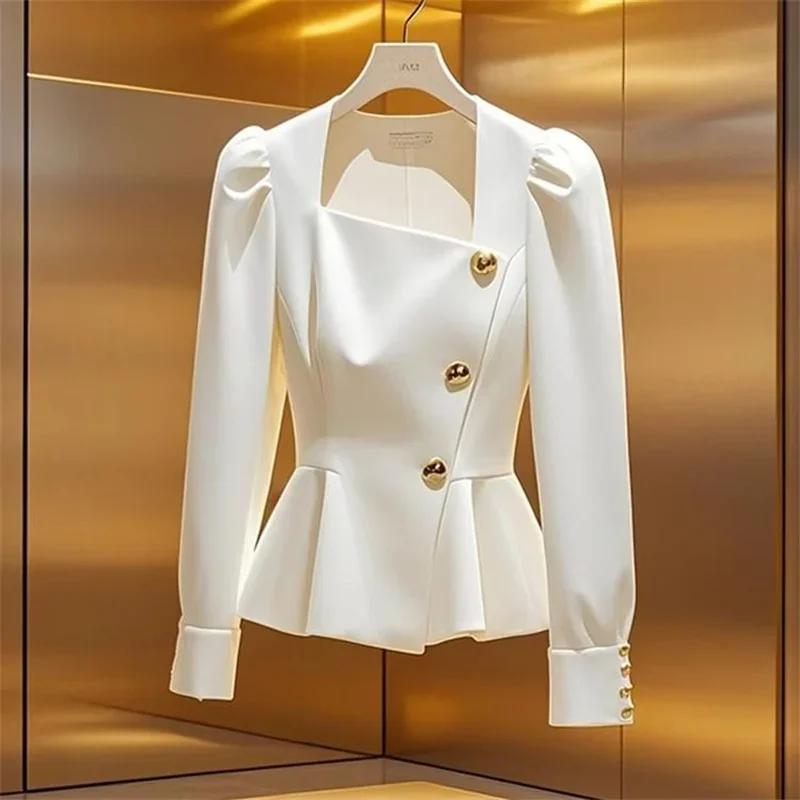 

Винтажная шикарная блузка с квадратным воротником и металлическими пуговицами, белые пышные женские топы с длинными рукавами, весенние тонкие рубашки с баской и расклешенным подолом