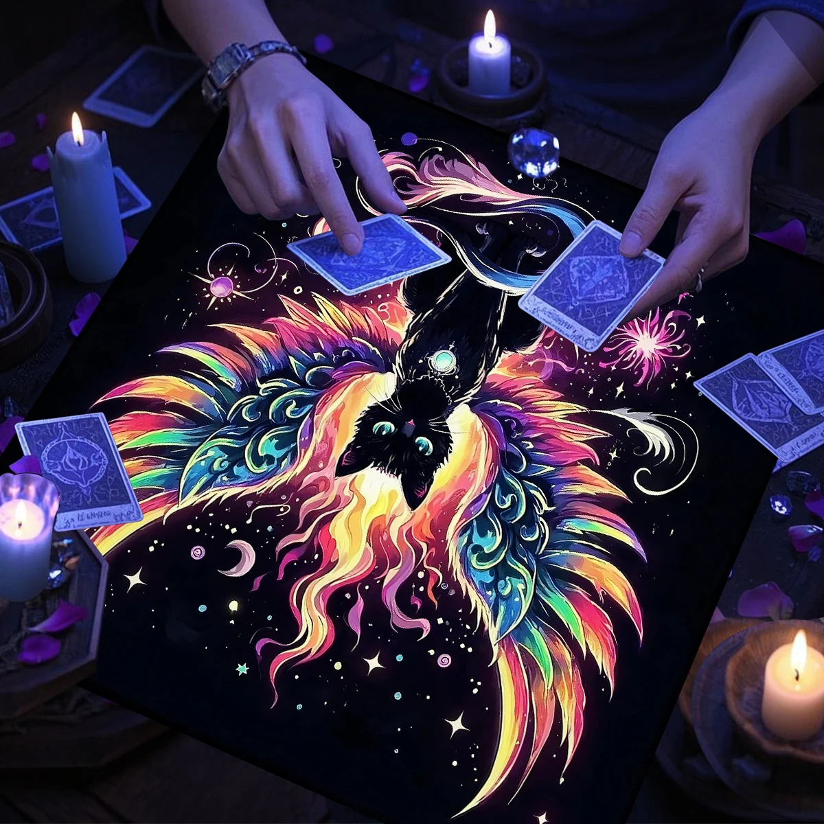 Witchcraft Black Cat With Wings Tarot Tablecloth Divination Cloth Dark Magic Starry Sky Moon Altar Cloth Tarot Mat Card Pad