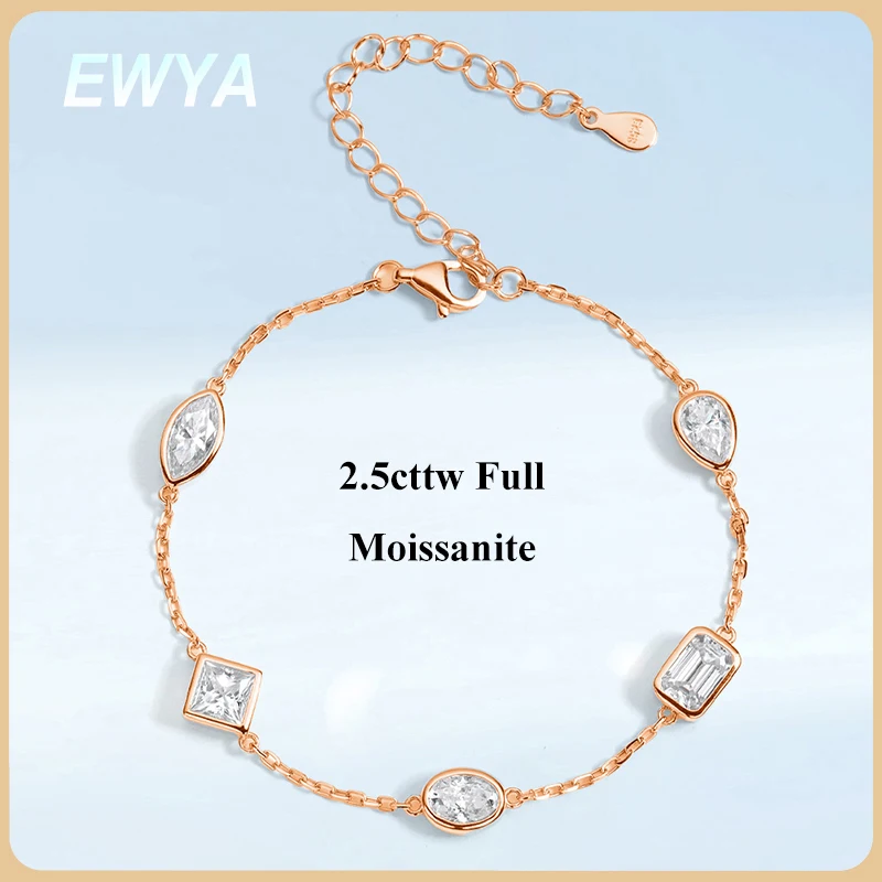 

EWYA Bezel Set Multi Shape 0.5CT Moissanite Link Bracelet Women 925 Silver Certified Pear Oval Cut Lab Diamond Party Wrist Chain