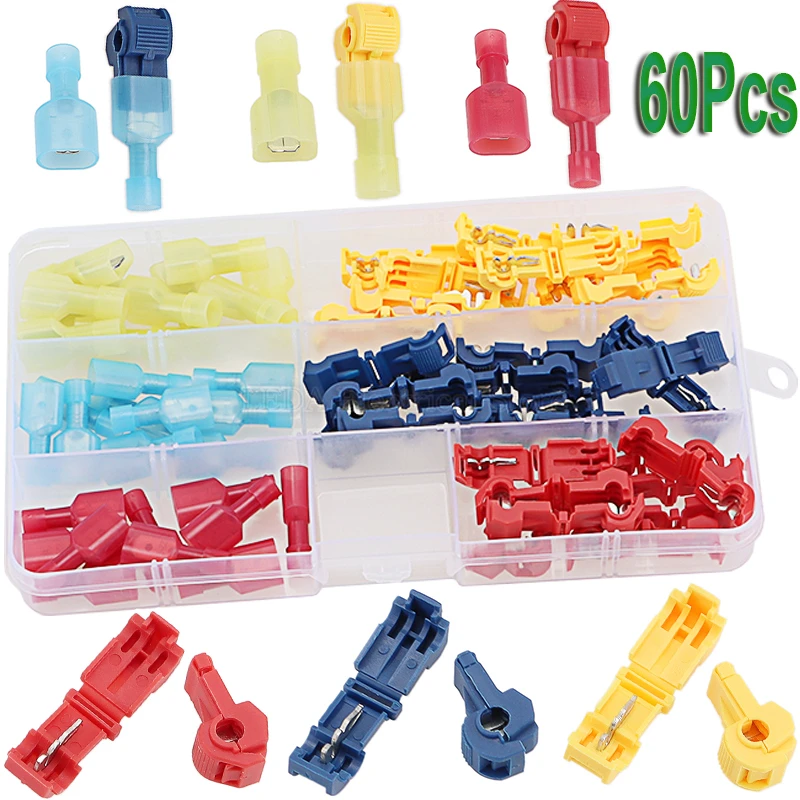 60Pcs MDFN T-type Wire Connectors Self-Stripping with Nylon Fully Insulated Quick Disconnect splice Electrical Spade Terminals