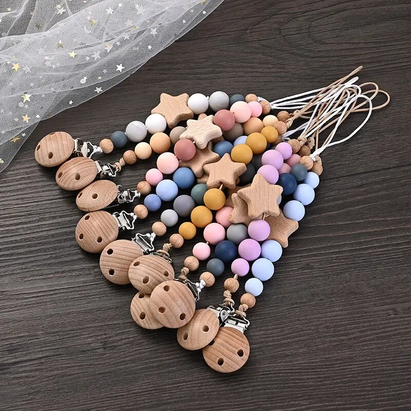 Pacifier clip teething chain — wooden pentagram clip with silicone round beads, teether & baby shower gift 5