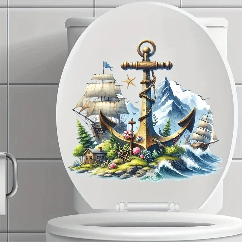 

MT1333# Anchor Pattern Toilet Seat Sticker - Easy to Apply, Ocean-Themed Bathroom Accessories, Fun And Unique Design, Decorative