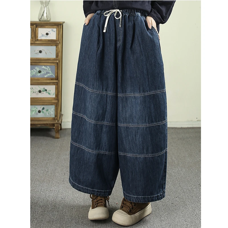 

Новинка 2026 года: Женские джинсы из хлопка и денима, укороченные, с эластичным поясом, повседневные, свободные, широкие штанины, Q151