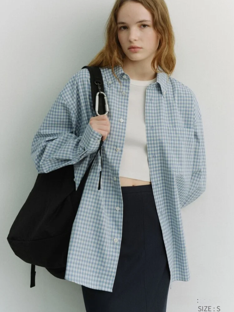 

Spring 2026 Casual Style Loose Fit Plaid Long Sleeve Shirt Turn-down Collar Single Button Slimming Effect Daily Wear Women's ...