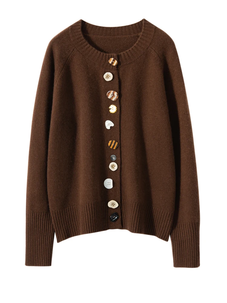 

Women's French Style Colorful Buttoned Cardigan Autumn Winter 100% Cashmere Knitted Sweater Casual Loose Cashmere Clothing Tops