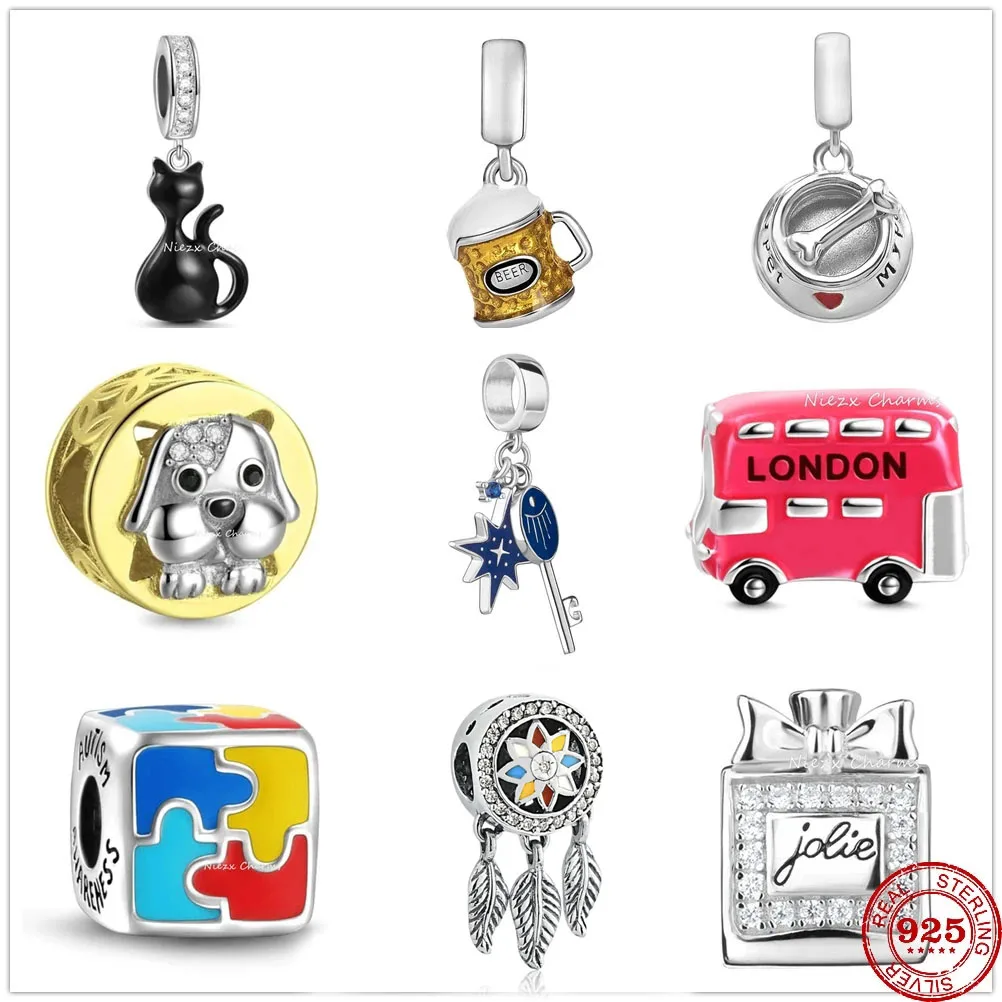 

925 Sterling Silver Turkey Perfume Beer Cat Beads Dangle Charms Fit Original Pandora Charms Bracelet For Women DIY Jewelry Gift