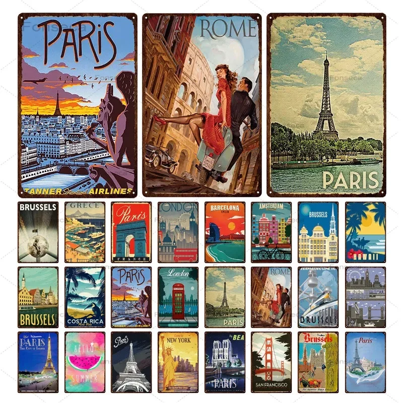 Letrero de Metal de ciudad de París Roma, placa de Metal Vintage, placas de viaje, decoración para Bar, decoración de pared del hogar, cartel de estaño, cartel de paisaje