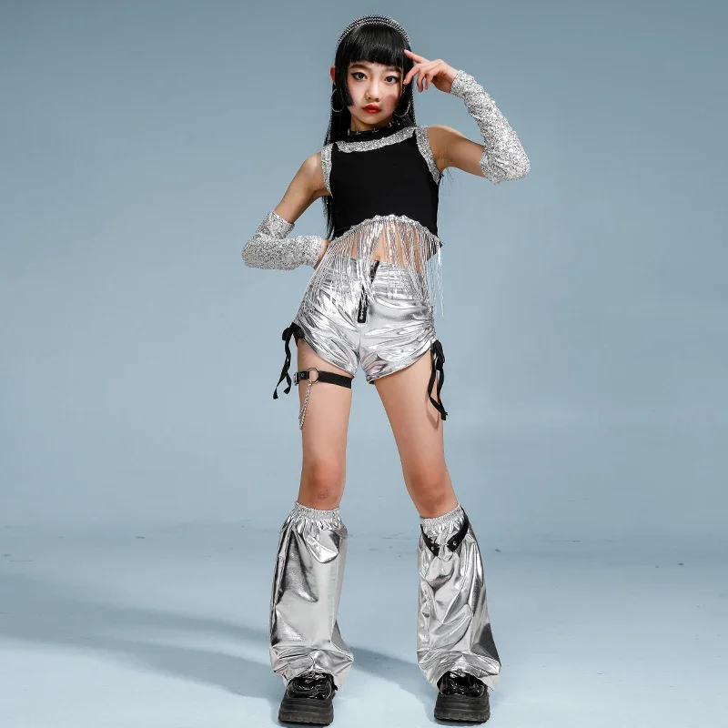 Hip Hop Mädchen Pailletten Quasten Silber Shorts Street Dance Hosen Kinder K-pop Streetwear Kinder Jazz Crop Top Kleidung Set kostüm