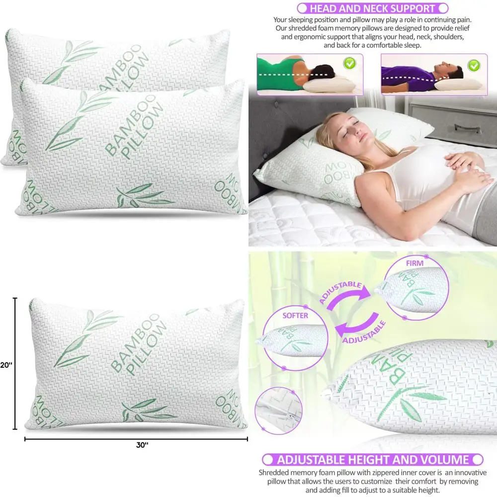 

Bamboo Rayon Queen Pillows Set - Cooling Shredded Memory Foam for Back, Stomach, and Side Sleepers