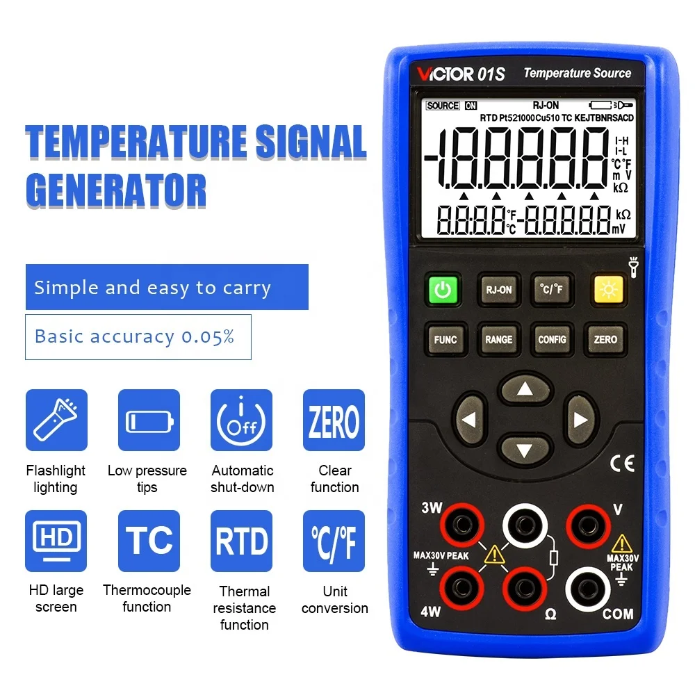 VICTOR 01S Temperature Source highest output precision is 0.05% and the output display is 5 digits Multifunction Calibrator