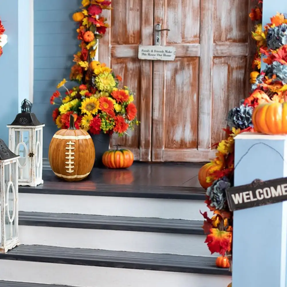 Football Pumpkin Decor Handmade Resin Football Pumpkin Ornament Ceramic Fall Pumpkin Figurine Halloween Football for Indoor