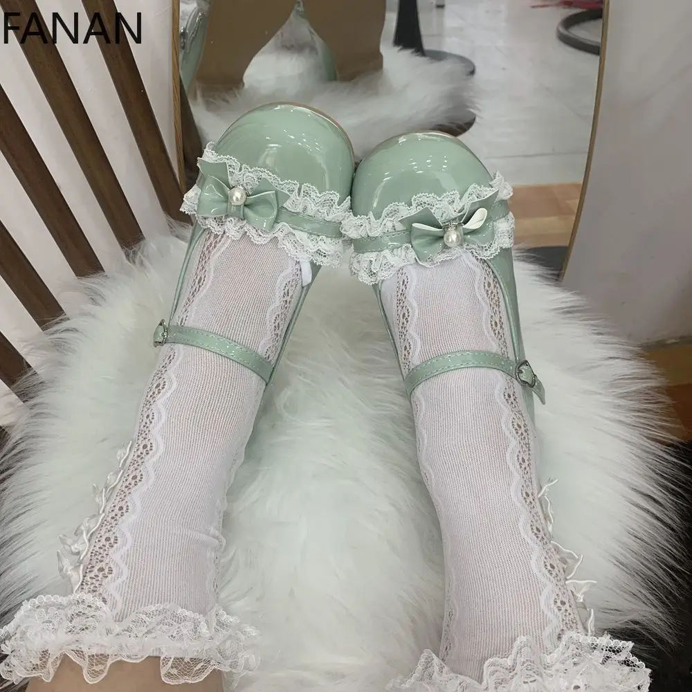 Kawaii Flats Women's Shoes Lolita Cute Sweet High Heel Pink Shoes Japanese Velcro Mary Jane Shoes Pumps Sandals
