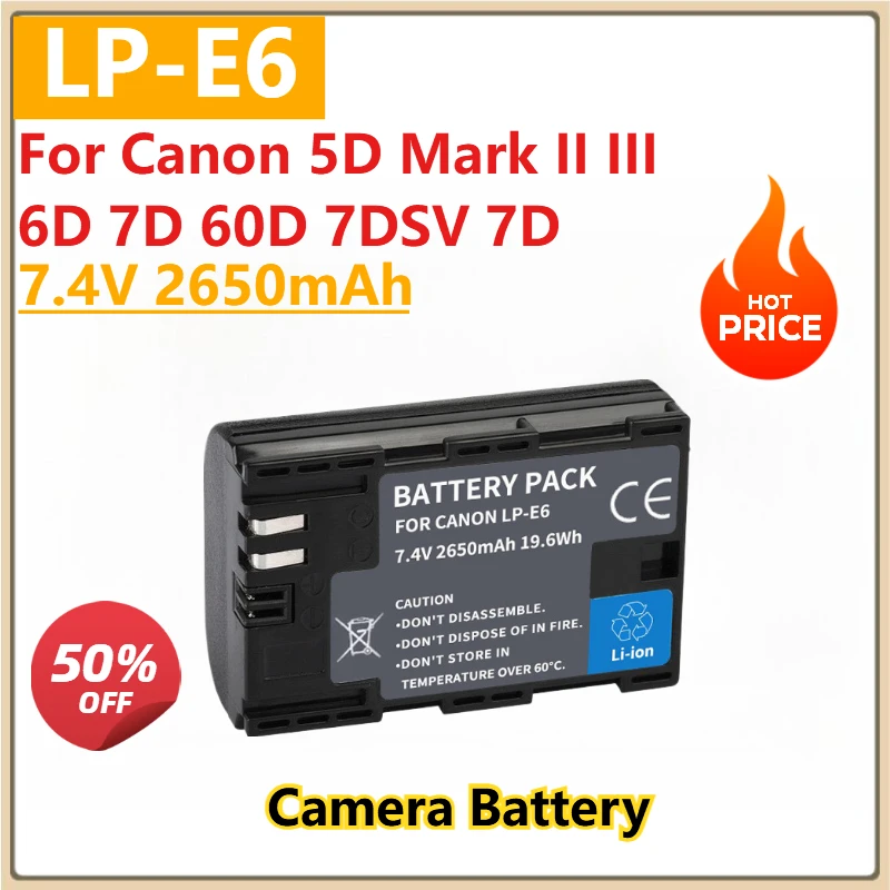 

New Replacement Camera Battery LP-E6 7.4V 2650mAh for Canon 5D Mark II III 6D 7D 60D 7DSV 7D D70 D80 D2