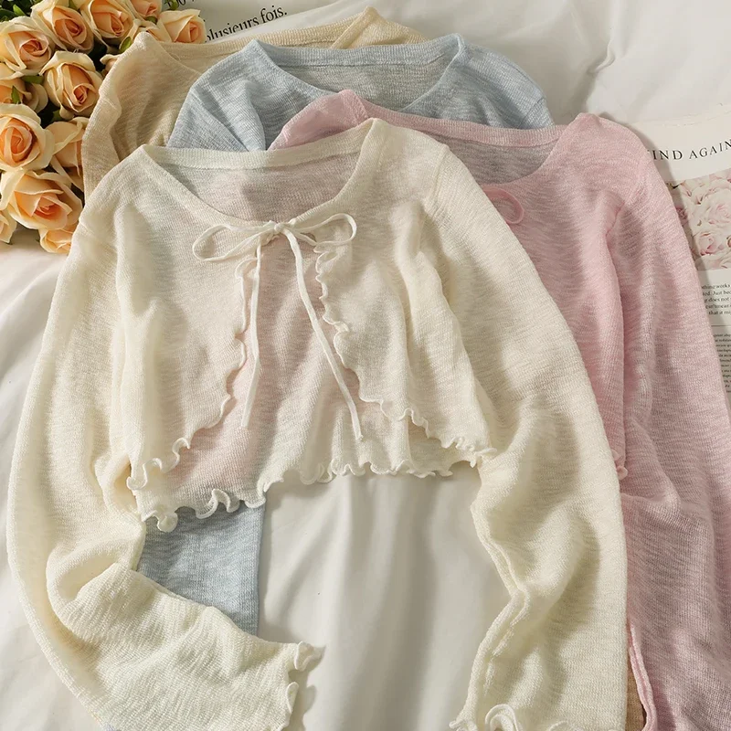 

Summer Sun Protection Cardigan Women' Clothing Knitted Crop Tops Bandage Long Sleeve Thin Pull Femme Ruffles Korean Sweater