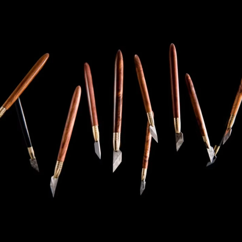 Handmade Damascus Steel Shear Leather Pen Knife Wooden Handle Bronze Guard Cutting Inclined Blade Pen Knife DIY Leather Goods