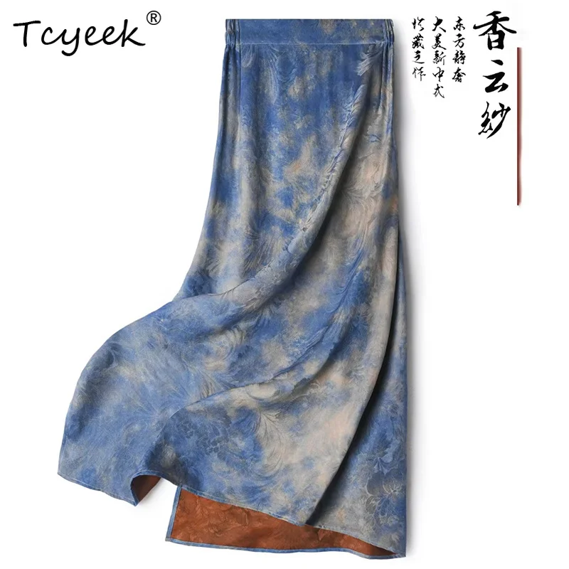 

Tcyeek 100% настоящая шелковая летняя тонкая женская юбка средней длины с высокой талией и цветочным разрезом на бедрах Faldas Para Mujeres スカート
