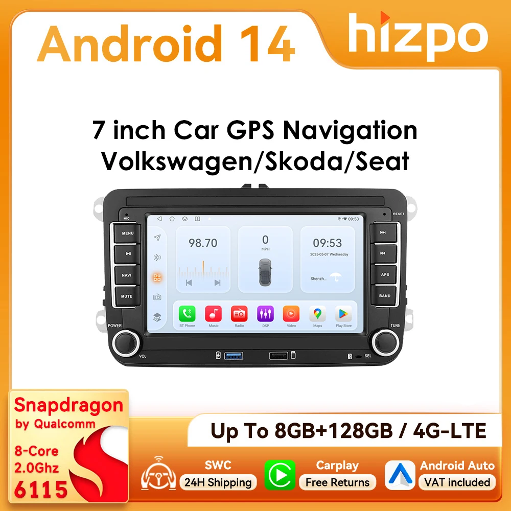 Autoradio Android 7 " Hizpo 2Din, pour VW Volkswagen Golf Passat B7 B6 Skoda Seat Octavia Polo Tiguan Jetta Auto CarPlay GPS RDS