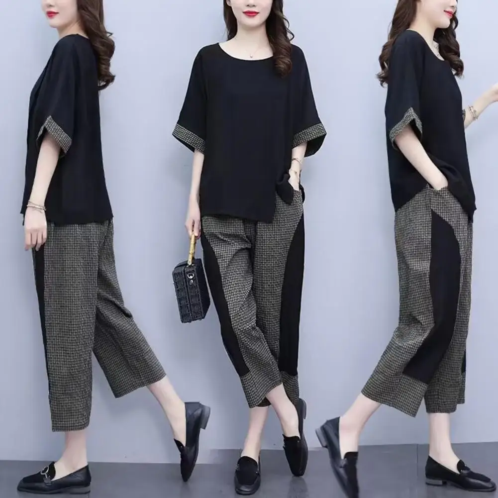 2 Pcs/Set Women T-shirt Pants Set Elastic Waist Round Neck Daily Wear Patchwork Cropped Pants Lady Summer Outfit Female Clothes