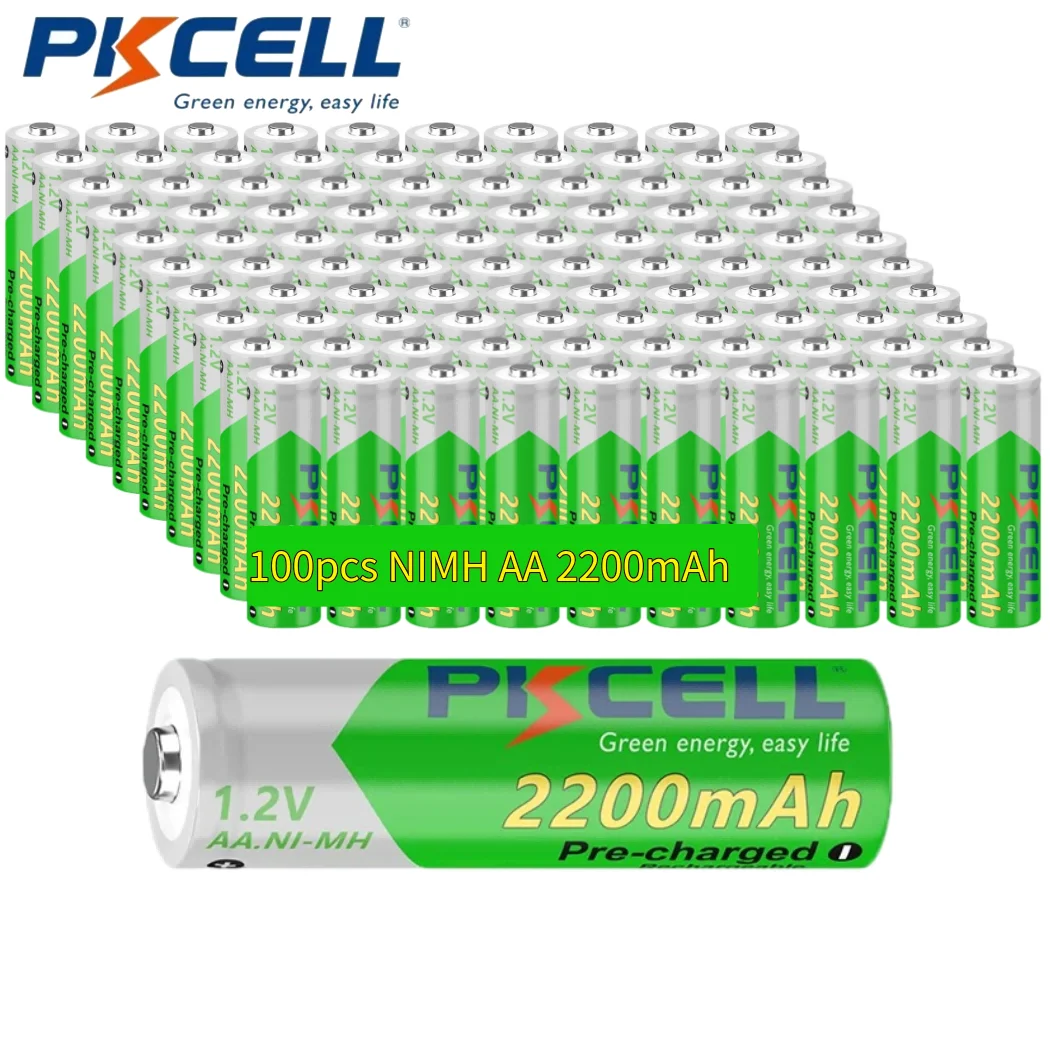 PKCELL 100PC NI-MH 1.2v AA Battery High Energy  2200mAh NiMH Batteries Low Self-Discharge Rechargeable Double A  NI-MH Batteries