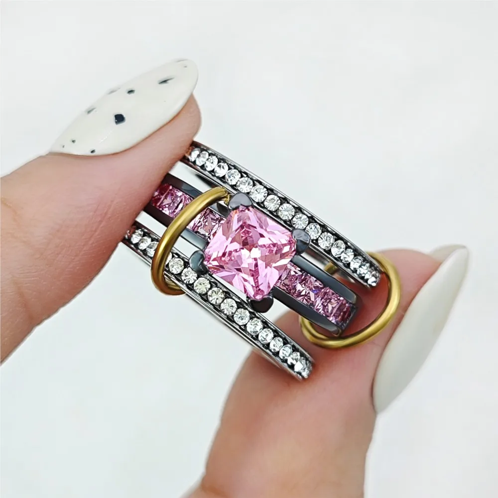 Double Color Three Rings Stack Set For Women Shiny Pink Zirconia Gold Color Spinelli Kilcollin Ring Fashion Finger Jewelry Gifts