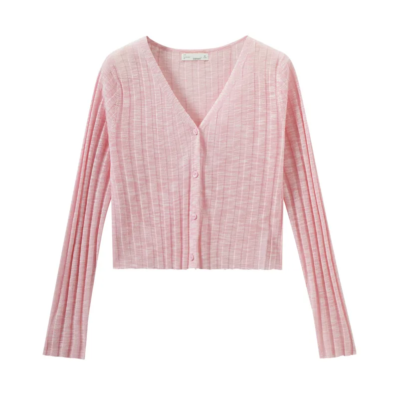 INMAN Women Knit Cardigan 2023 Summer Long Sleeve V Neck Slim Stretch Tees Thin Cool Fabric Fashion Versatile Pink White Tops