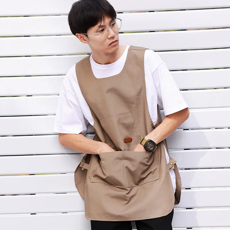 Round Neck Workwear Vest Apron Fashionable and Casual Coffee Shop Barberr Work Clothes Multiple Pockets for Storage Apron