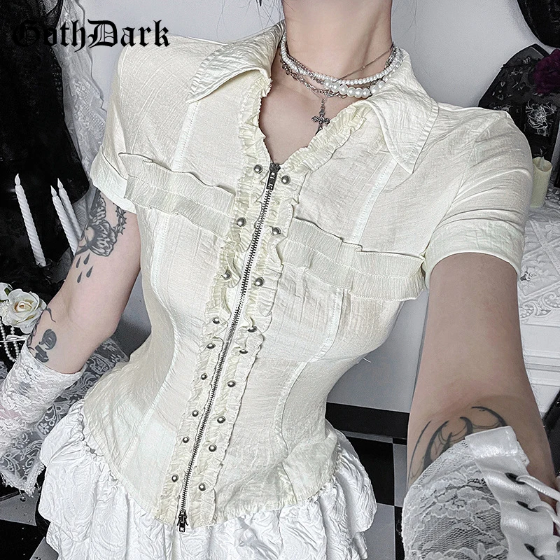 Image of Goth Dark Punk Mode Kurzarm-Reißverschluss-Shirts Blusen 90er E-Girl Plissierter Reverskragen T-Shirts Mall Gothic Damen Techwear