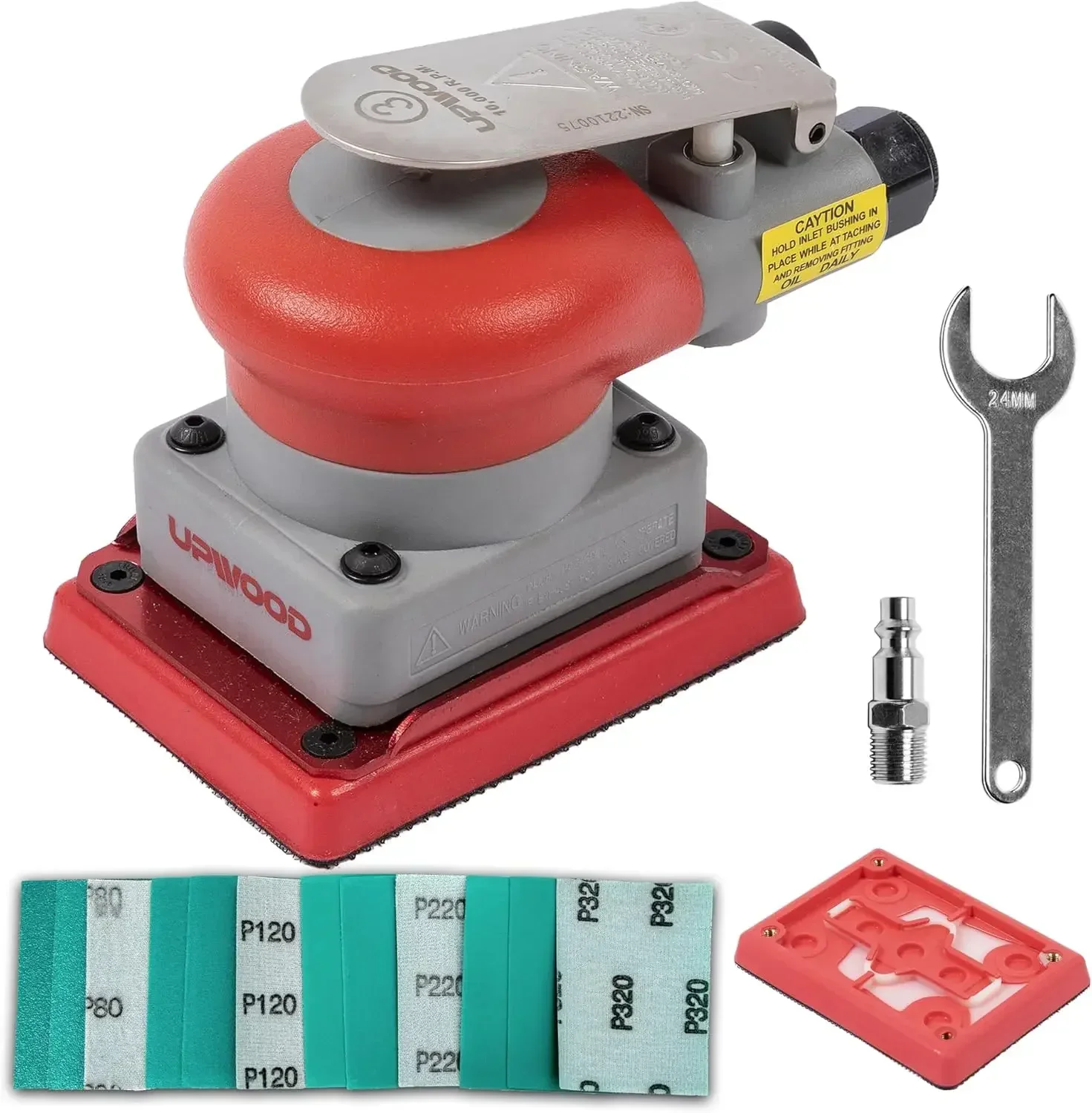 

Lightweight pneumatic orbital sander, 10000 RPM, 3x4-inch pad, extra sandpaper.