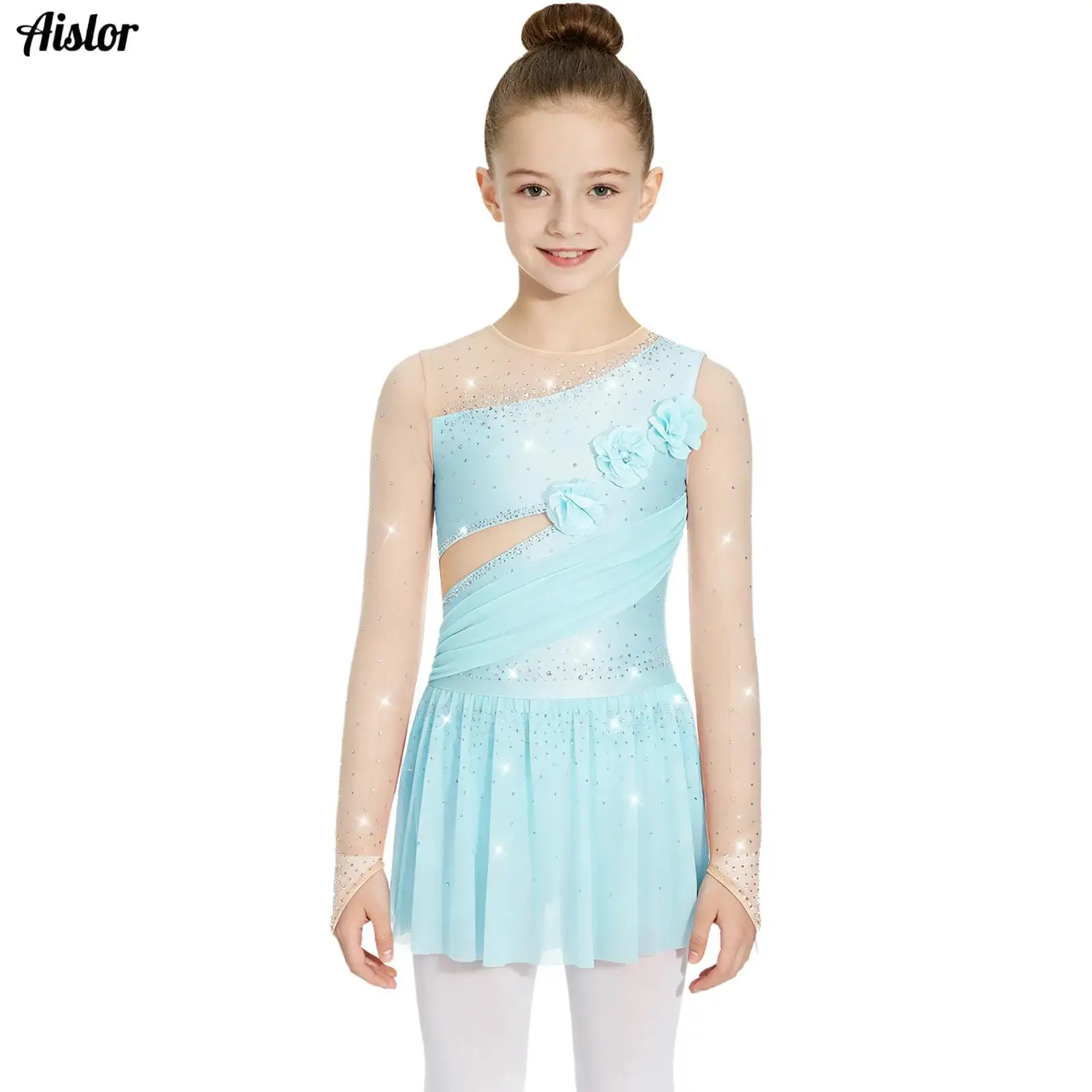 Kids Girls Figure Skating Competition Dress Flower Applique Long Sleeve Thumbhole Mesh Rhinestone Leotard Dress for Ballet Dance
