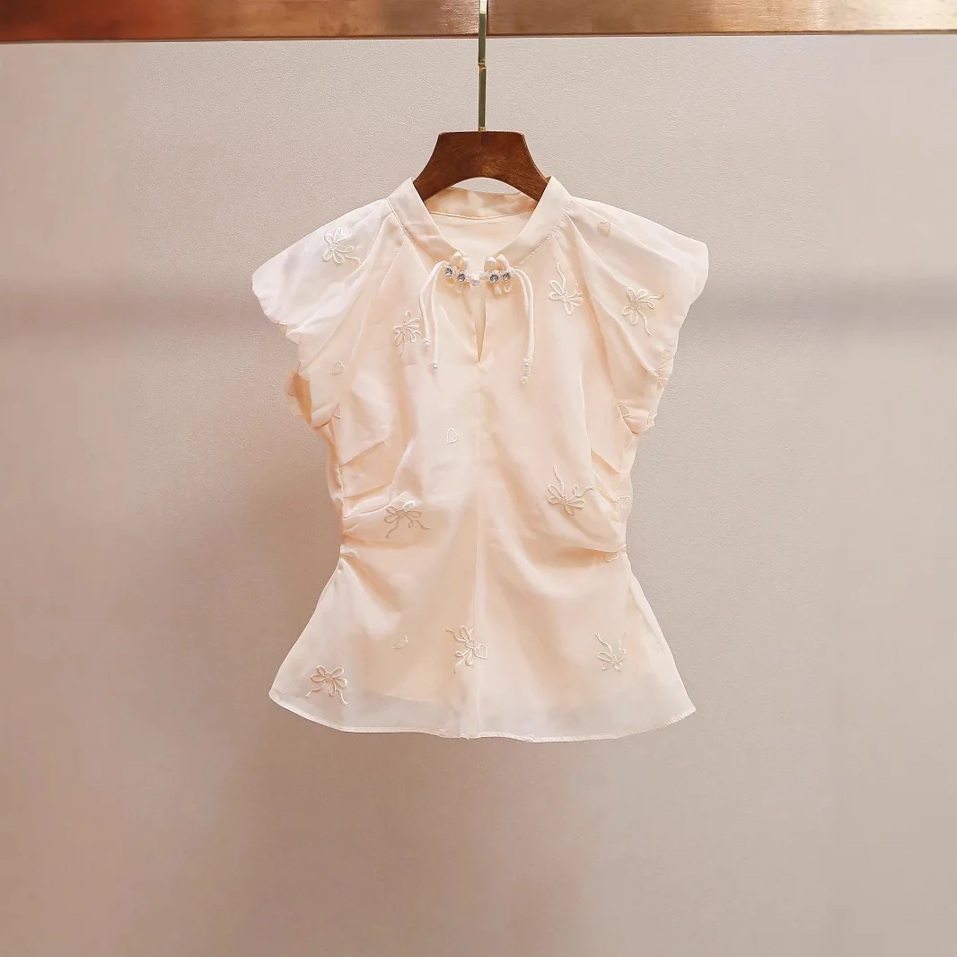 

Элегантная женская рубашка в китайском национальном стиле с рукавами-фонариками, вышивкой и пайетками, с воротником-стойкой, летняя новинка, свободный крой, повседневная.