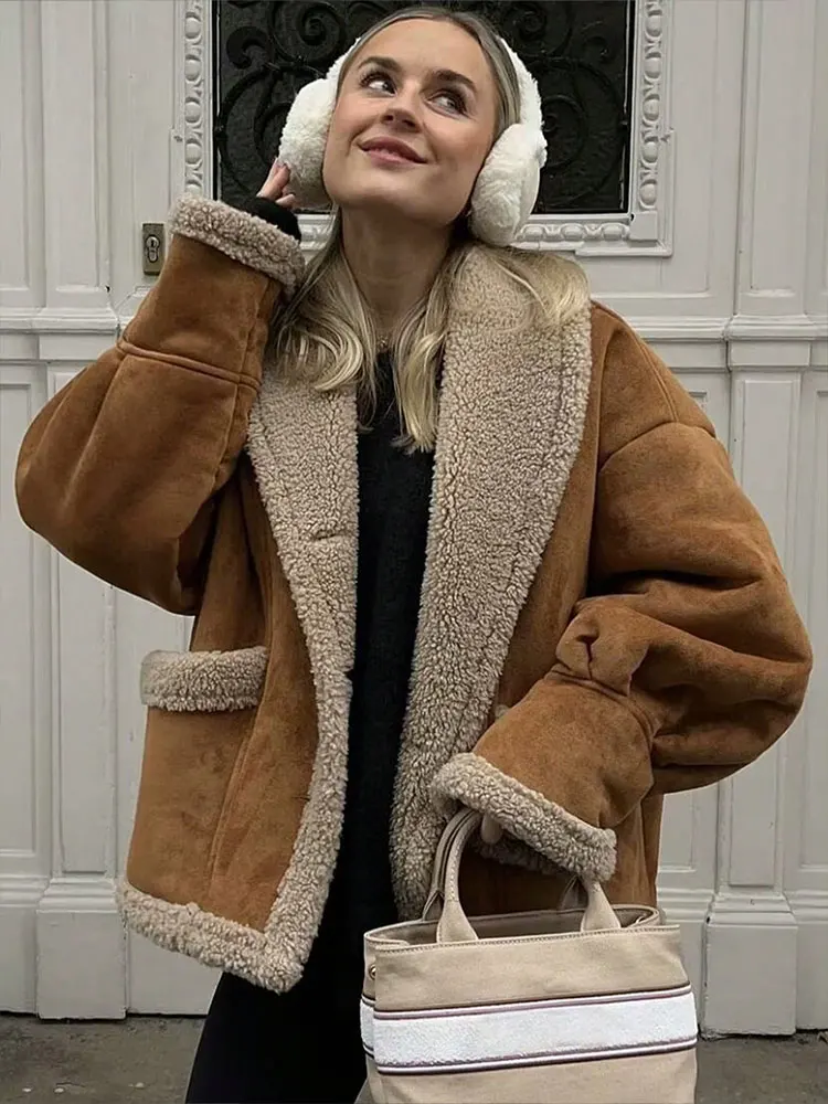 

HH Fashion Woman Thicken Fleece Lapel Coats Winter Elegant Suede Long Sleeve Jackets Female Buttons Casual Loose Outerwear