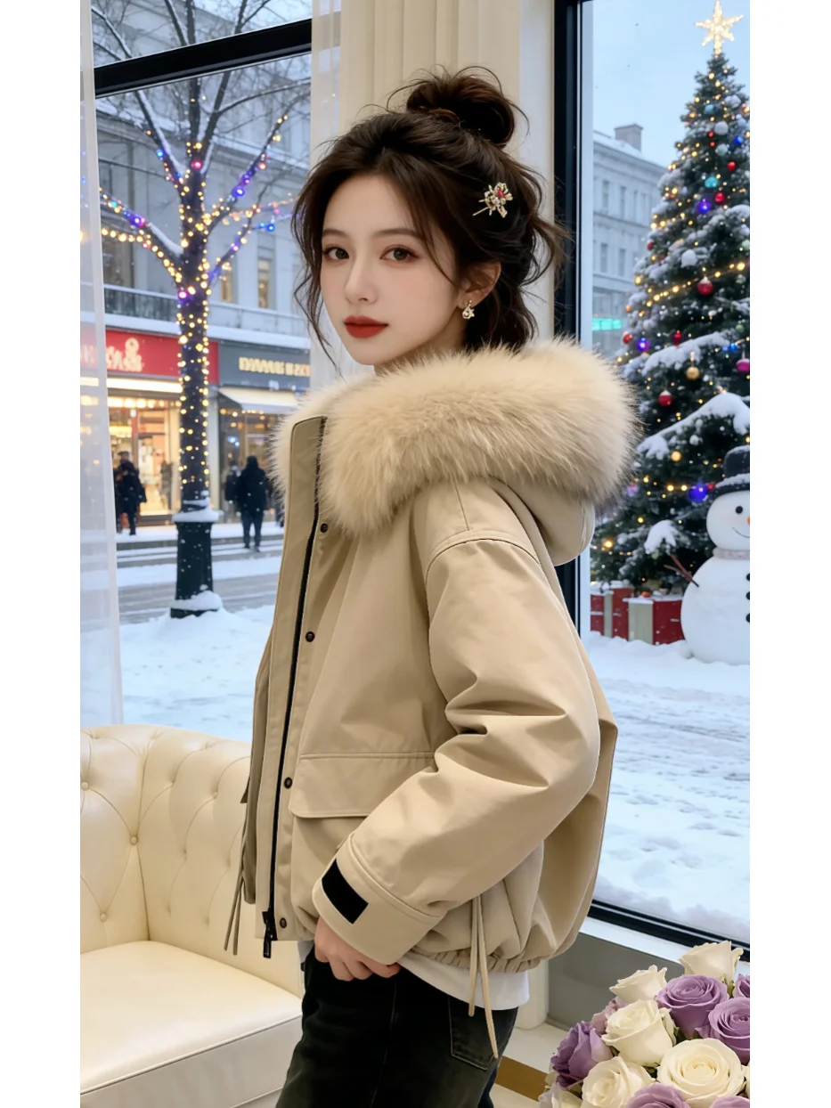 Fashionable Parka Coat Women's Winter New Khaki Cotton Jacket Hooded Large Fur Collar Workwear Thickened Korean Style Short Coat