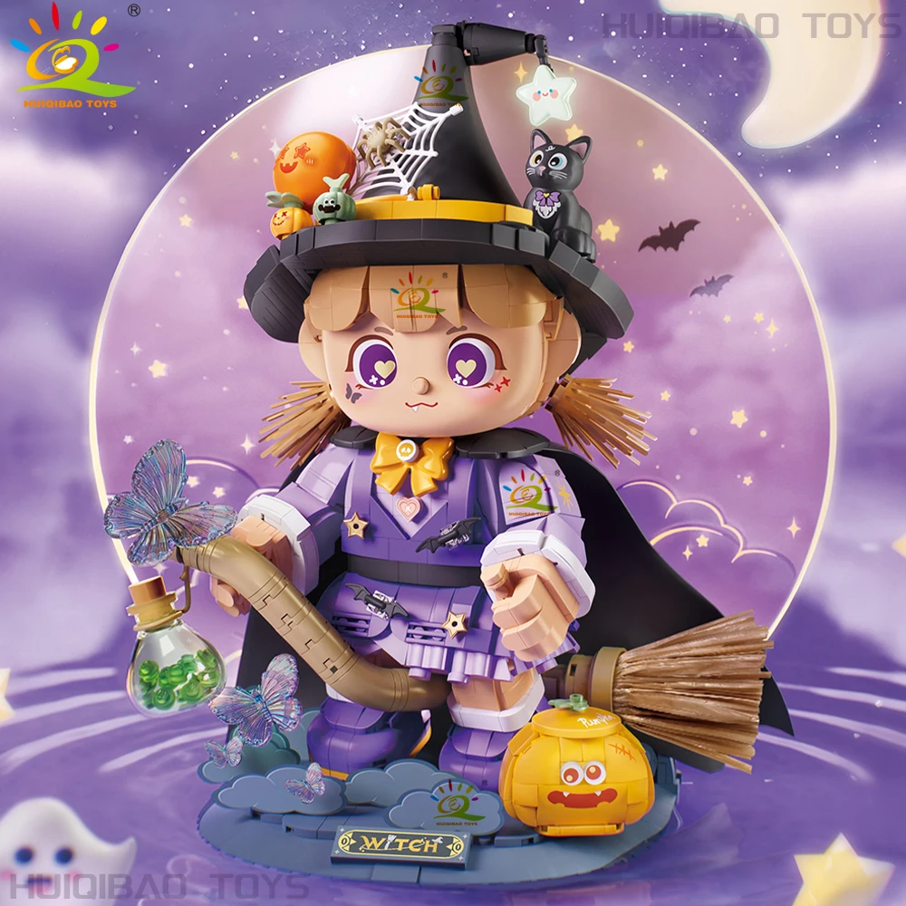 HUIQIBAO Halloween Mini Magical Girl Witch Model Building Blocks City DIY Creative Bricks Toys Adult Decorative Ornaments Gift